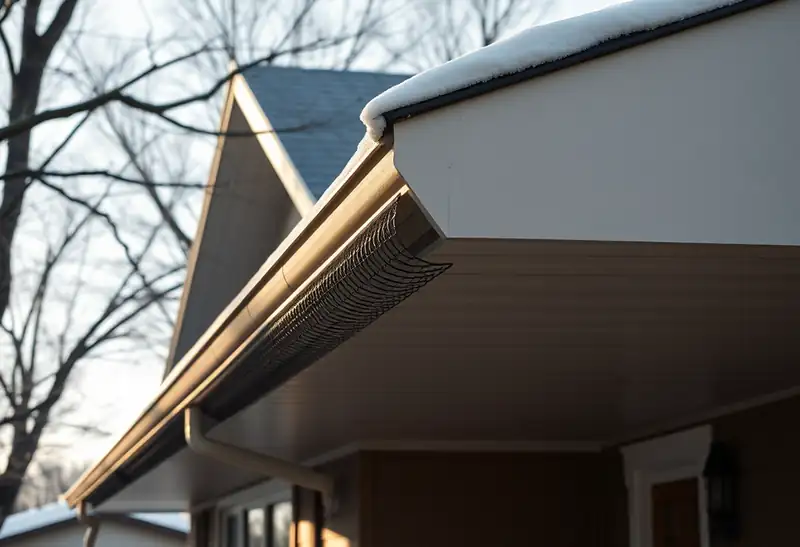Illustration of house eave with a gutter and mesh gutter guard in a 1953-era home