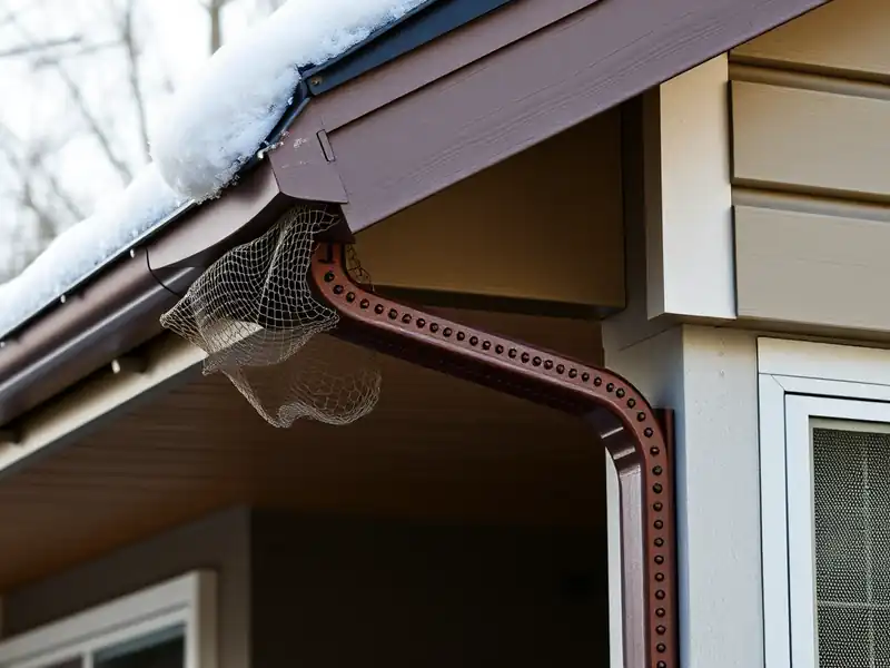 Illustration of close-up of materials and finishes of house eave with a gutter and mesh gutter guard in a 1953-era home
